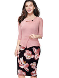 Nice-forever Autumn Print Floral Patchwork Button Casual Dress Business Three Quarter Zip Back Bodycon Summer Office Dress b288