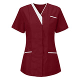 Solid Nurse Uniform Women Healthcare Pocket Scrub Tops Short Sleeve V-Neck Blouse Beauty Salon Overalls Dental Clinic Tunic